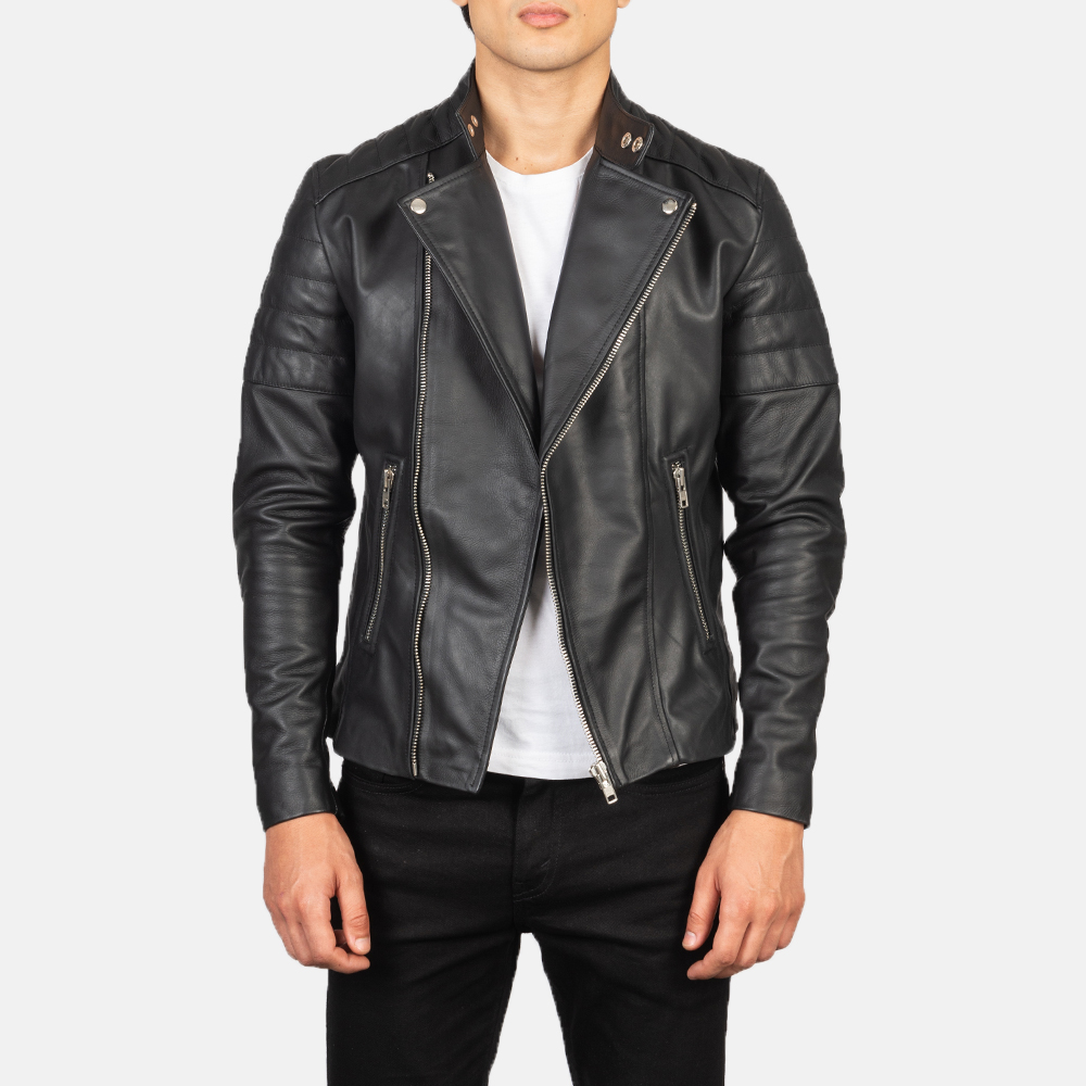 Mens Faisor Black Leather Biker Jacket Open Front-4-1634137717728